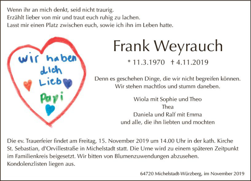  Traueranzeige für Frank Weyrauch vom 09.11.2019 aus vrm-trauer