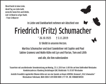 Traueranzeige von Friedrich Fritz Schumacher von vrm-trauer