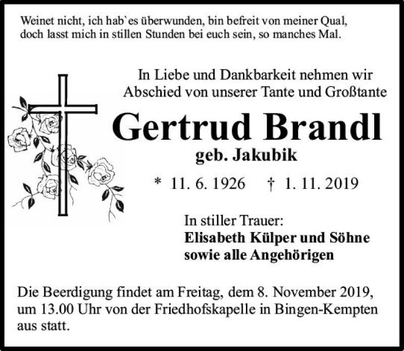  Traueranzeige für Gertrud Brand vom 06.11.2019 aus vrm-trauer