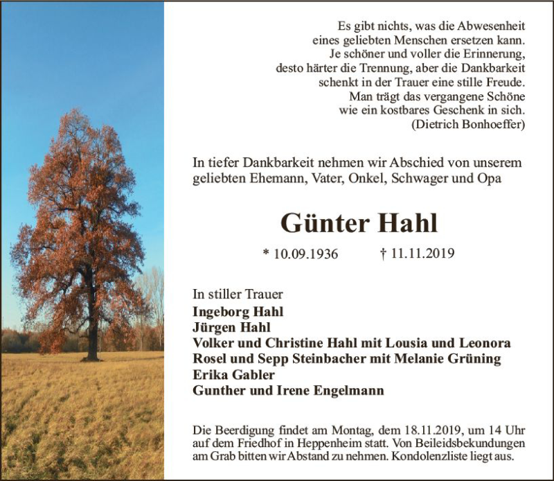  Traueranzeige für Günter Hahl vom 16.11.2019 aus vrm-trauer
