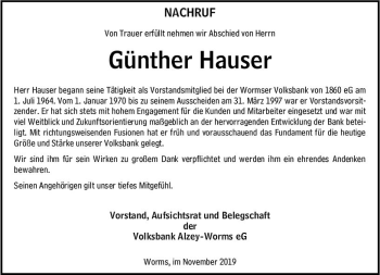 Traueranzeige von Günther Hauser von vrm-trauer