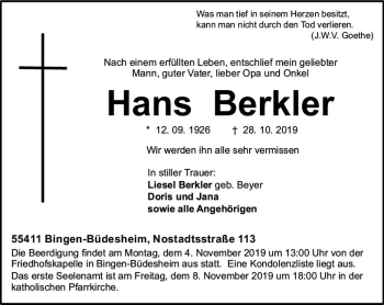 Traueranzeige von Hans Berkler von vrm-trauer