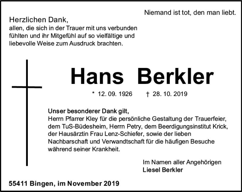  Traueranzeige für Hans Berkler vom 30.11.2019 aus vrm-trauer