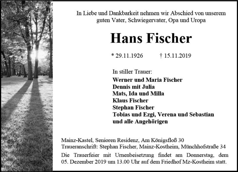  Traueranzeige für Hans Fischer vom 30.11.2019 aus vrm-trauer