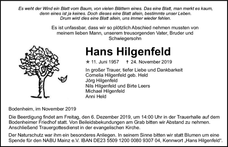  Traueranzeige für Hans Hilgenfeld vom 30.11.2019 aus vrm-trauer