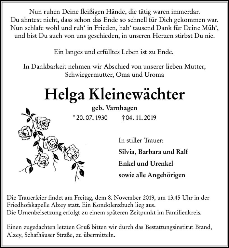  Traueranzeige für Helga Kleinewächter vom 06.11.2019 aus vrm-trauer