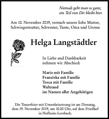 Traueranzeige von Helga Langstädtler von vrm-trauer