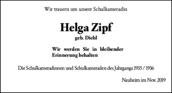 Traueranzeige von Helga Zipf von vrm-trauer