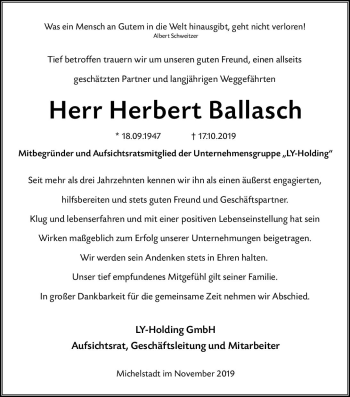 Traueranzeige von Herbert Ballasch von vrm-trauer