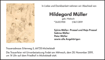 Traueranzeige von Hildegard Müller von vrm-trauer