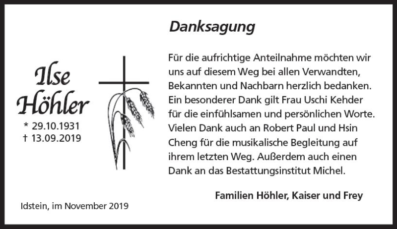  Traueranzeige für Ilse Höhler vom 02.11.2019 aus vrm-trauer