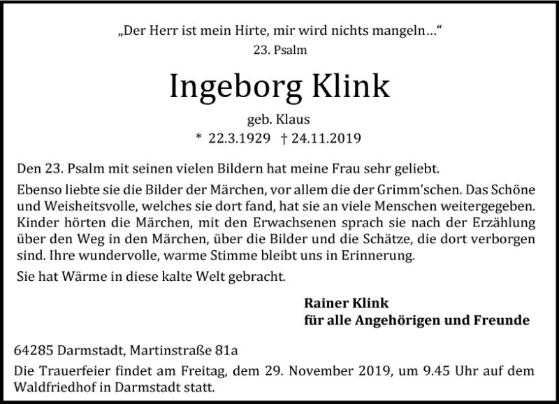  Traueranzeige für Ingeborg Klink vom 27.11.2019 aus vrm-trauer