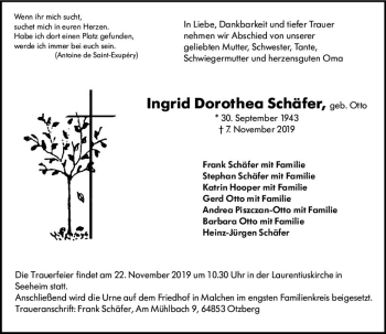 Traueranzeige von Ingrid Dorothea Schäfer von vrm-trauer