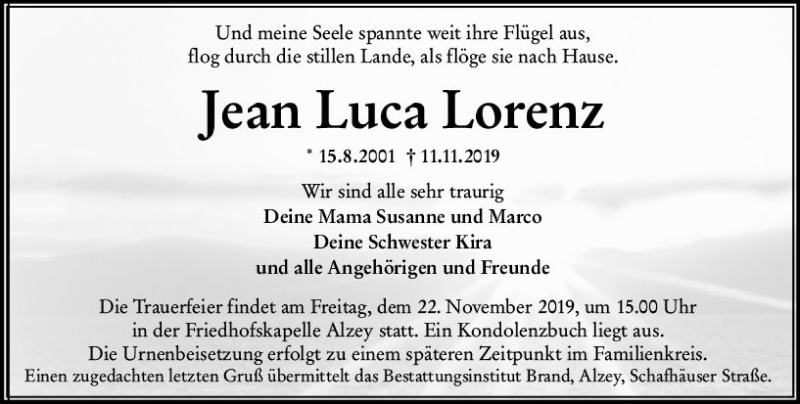  Traueranzeige für Jean Luca Lorenz vom 16.11.2019 aus vrm-trauer