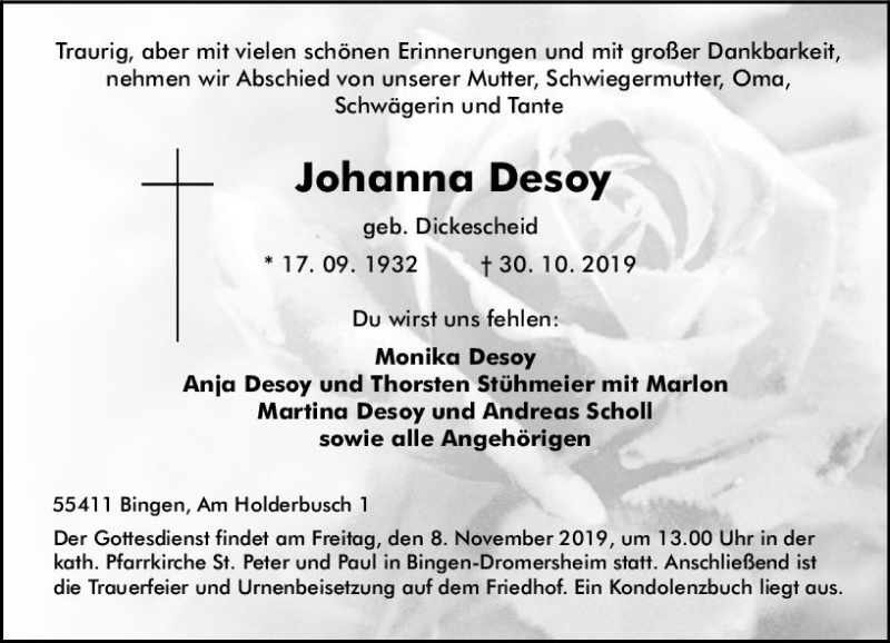  Traueranzeige für Johanna Desoy vom 04.11.2019 aus vrm-trauer