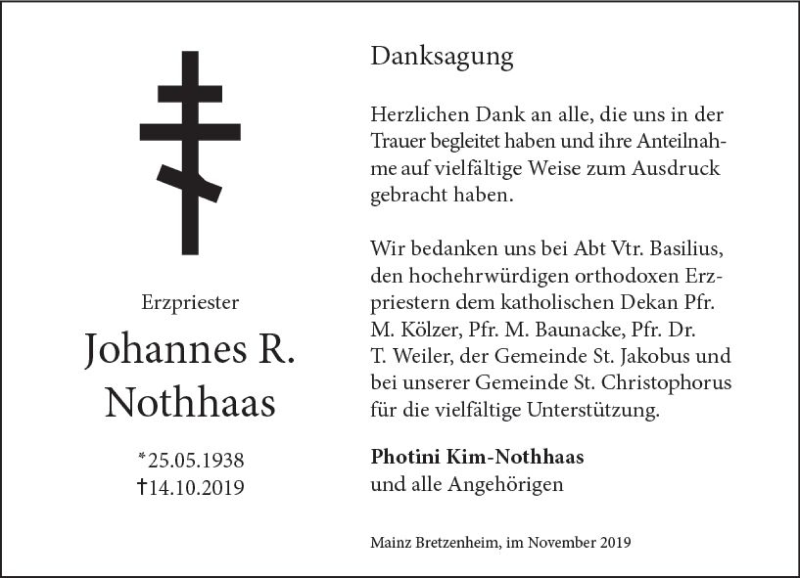  Traueranzeige für Johannes R. Nothhaas vom 16.11.2019 aus vrm-trauer