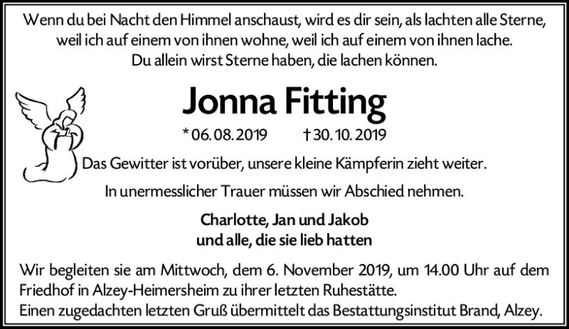  Traueranzeige für Jonna Fitting vom 02.11.2019 aus vrm-trauer