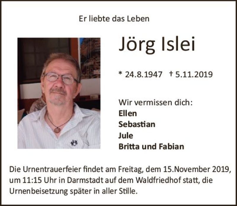  Traueranzeige für Jörg Islei vom 13.11.2019 aus vrm-trauer