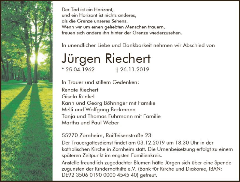  Traueranzeige für Jürgen Riechen vom 30.11.2019 aus vrm-trauer