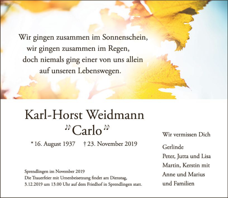 Traueranzeige für Karl-Horst Weidmann vom 29.11.2019 aus vrm-trauer