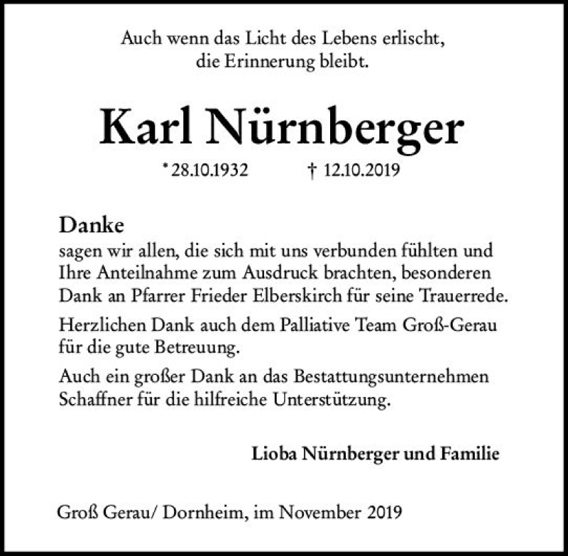  Traueranzeige für Karl Nürnberger vom 06.11.2019 aus vrm-trauer