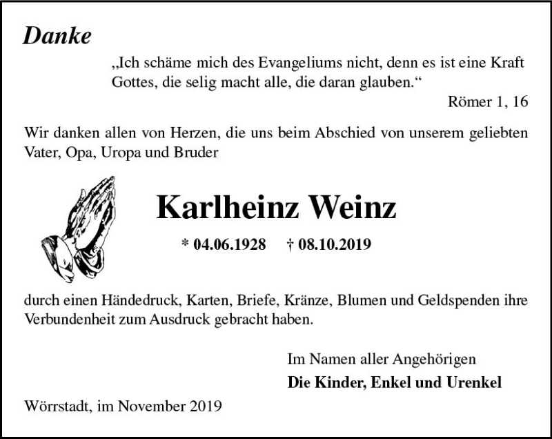  Traueranzeige für Karlheinz Weinz vom 16.11.2019 aus vrm-trauer