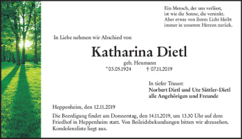 Traueranzeige von Katharina Dietl von vrm-trauer