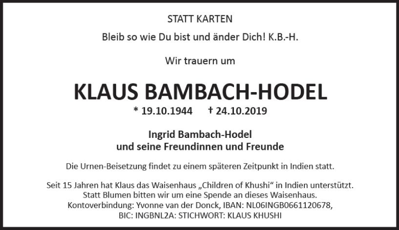  Traueranzeige für Klaus Bambach-Hodel vom 02.11.2019 aus vrm-trauer
