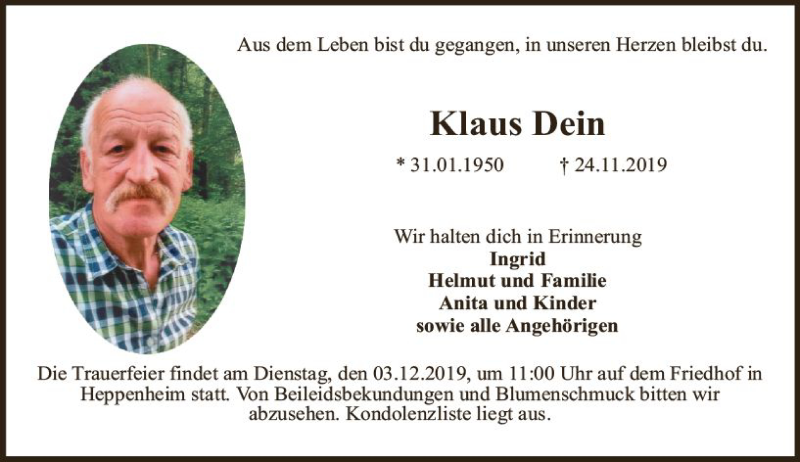  Traueranzeige für Klaus Dein vom 30.11.2019 aus vrm-trauer