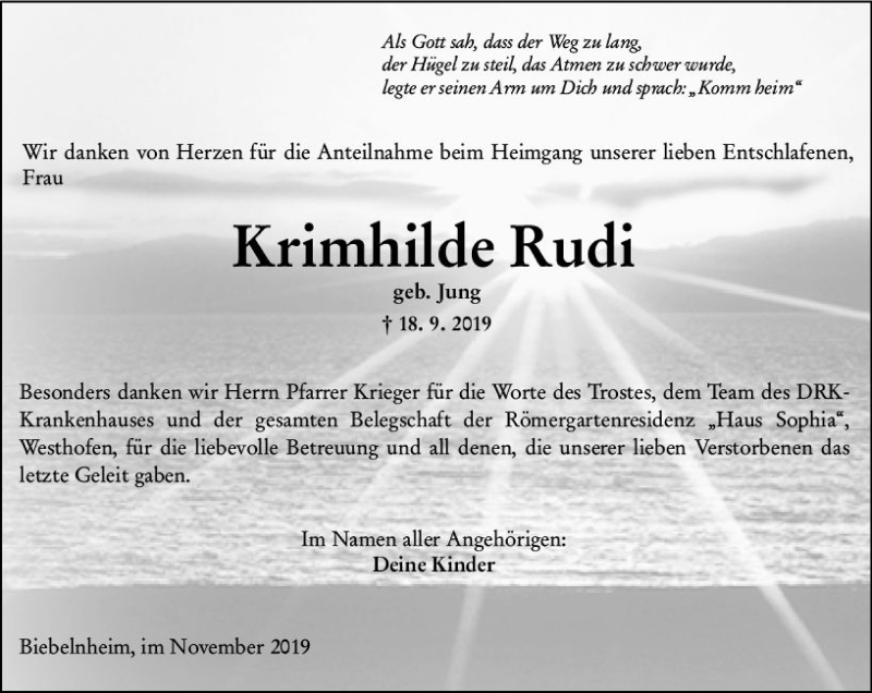 Traueranzeige für Krimhilde Rudi vom 09.11.2019 aus vrm-trauer
