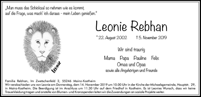  Traueranzeige für Leonie Rebhan vom 09.11.2019 aus vrm-trauer