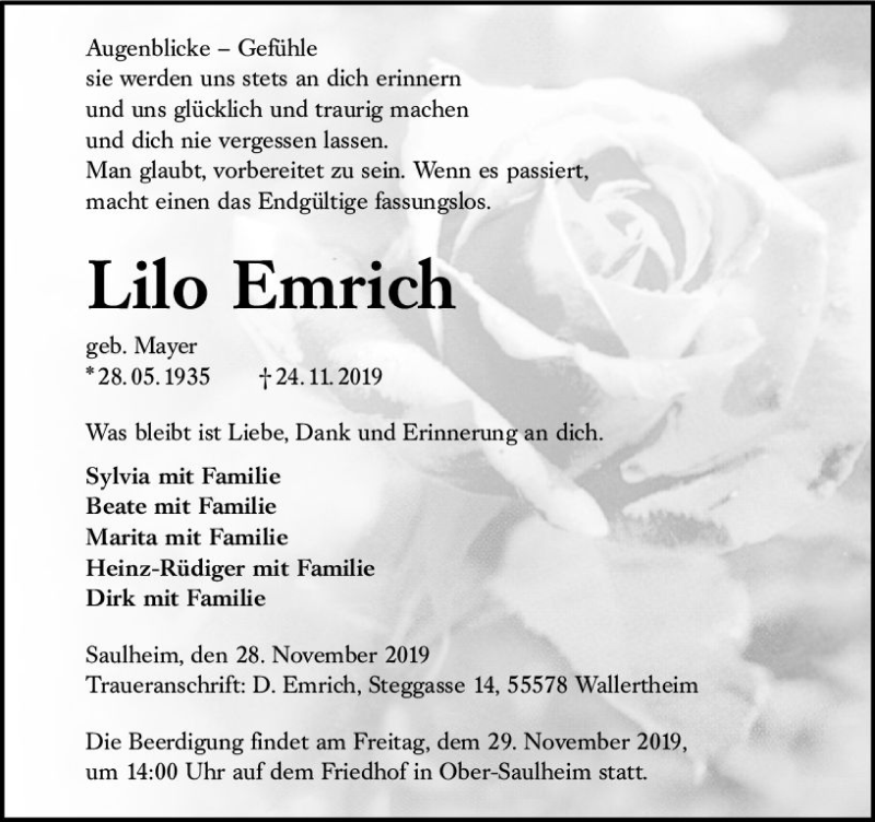 Traueranzeige für Lilo Emrich vom 28.11.2019 aus vrm-trauer