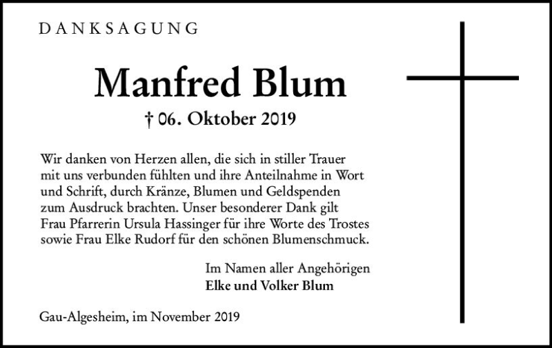  Traueranzeige für Manfred Blum vom 02.11.2019 aus vrm-trauer