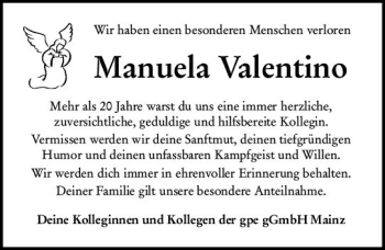 Traueranzeige von Manuela Valentin von vrm-trauer