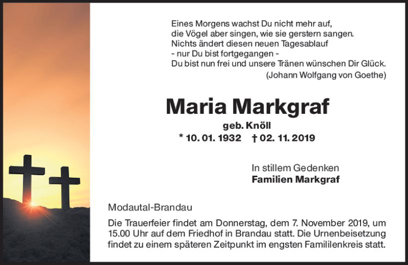 Traueranzeige für Maria Markgraf vom 05.11.2019 aus vrm-trauer