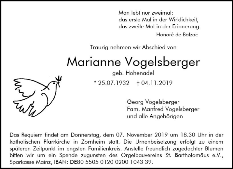  Traueranzeige für Marianne Vogelsberger vom 06.11.2019 aus vrm-trauer