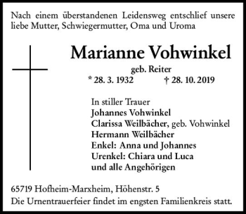 Traueranzeige von Marianne Vohwinkel von vrm-trauer