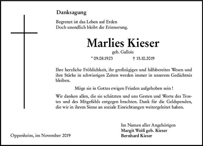  Traueranzeige für Marlies Kieser vom 16.11.2019 aus vrm-trauer