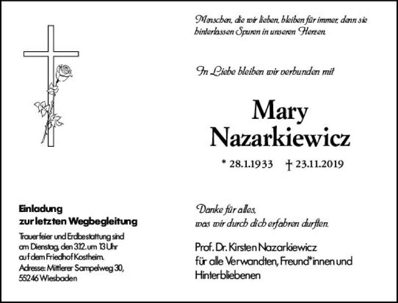  Traueranzeige für Mary Nazarkiewicz vom 30.11.2019 aus vrm-trauer
