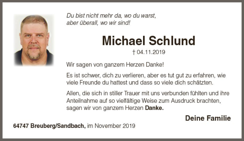  Traueranzeige für Michael Schlund vom 30.11.2019 aus vrm-trauer