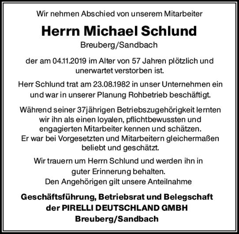  Traueranzeige für Michael Schlund vom 15.11.2019 aus vrm-trauer