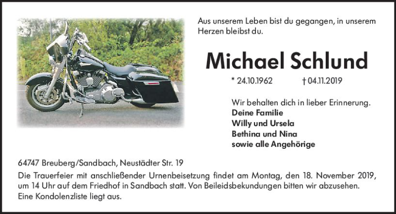  Traueranzeige für Michael Schlund vom 09.11.2019 aus vrm-trauer