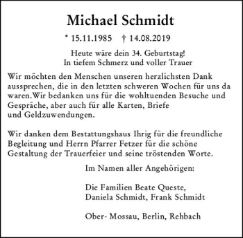 Traueranzeige von Michael Schmidt von vrm-trauer