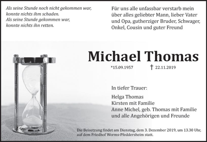  Traueranzeige für Michael Thomas vom 29.11.2019 aus vrm-trauer
