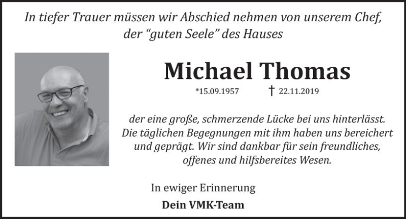 Traueranzeige für Michael Thomas vom 29.11.2019 aus vrm-trauer