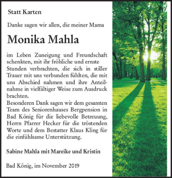 Traueranzeige von Monika Mahla von vrm-trauer