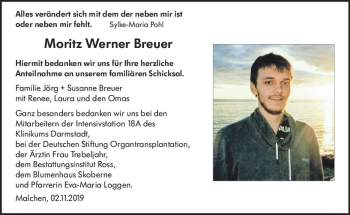 Traueranzeige von Moritz Werner Breuer von vrm-trauer