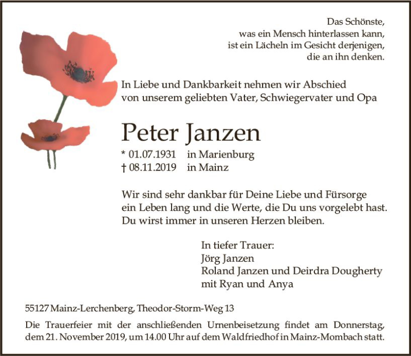  Traueranzeige für Peter Janzen vom 16.11.2019 aus vrm-trauer
