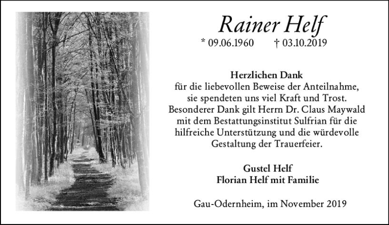 Traueranzeige für Rainer Helf vom 09.11.2019 aus vrm-trauer