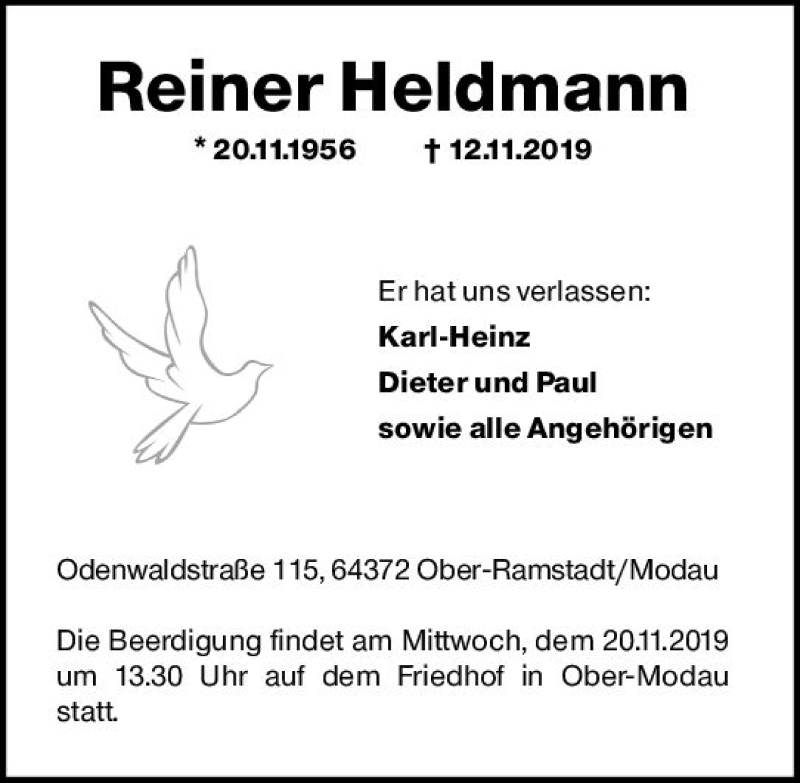  Traueranzeige für Reiner Heldmann vom 16.11.2019 aus vrm-trauer